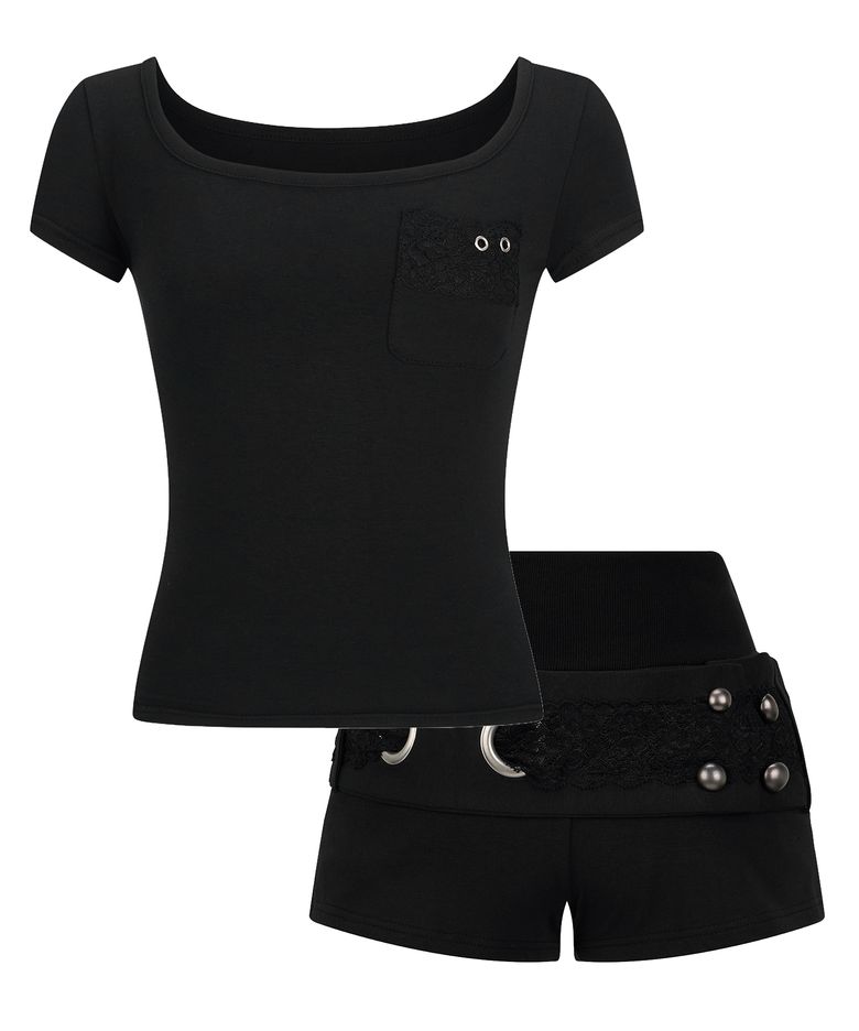 [SET] Black Square Neck Lace Pocket T-shirt + Lace Belted Shorts