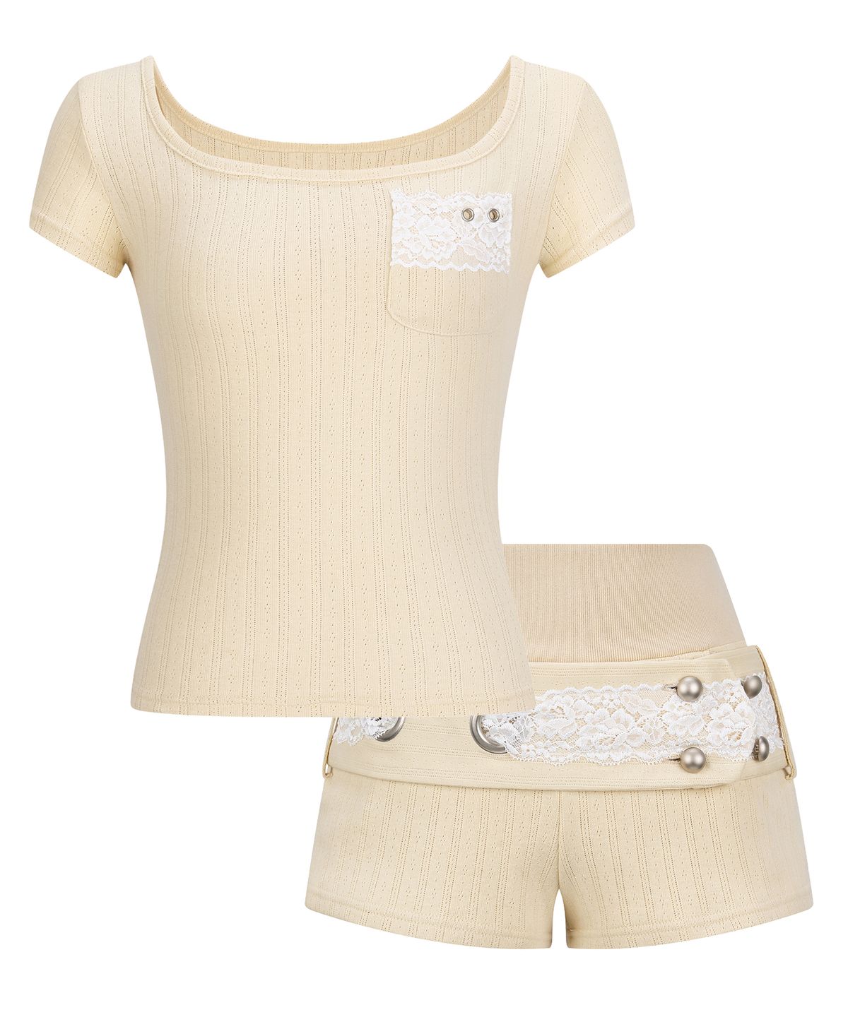일리오(ILLIO) [SET] Eyelet lemon Square Neck Lace Pocket T-shirt + Lace Belted Shorts
