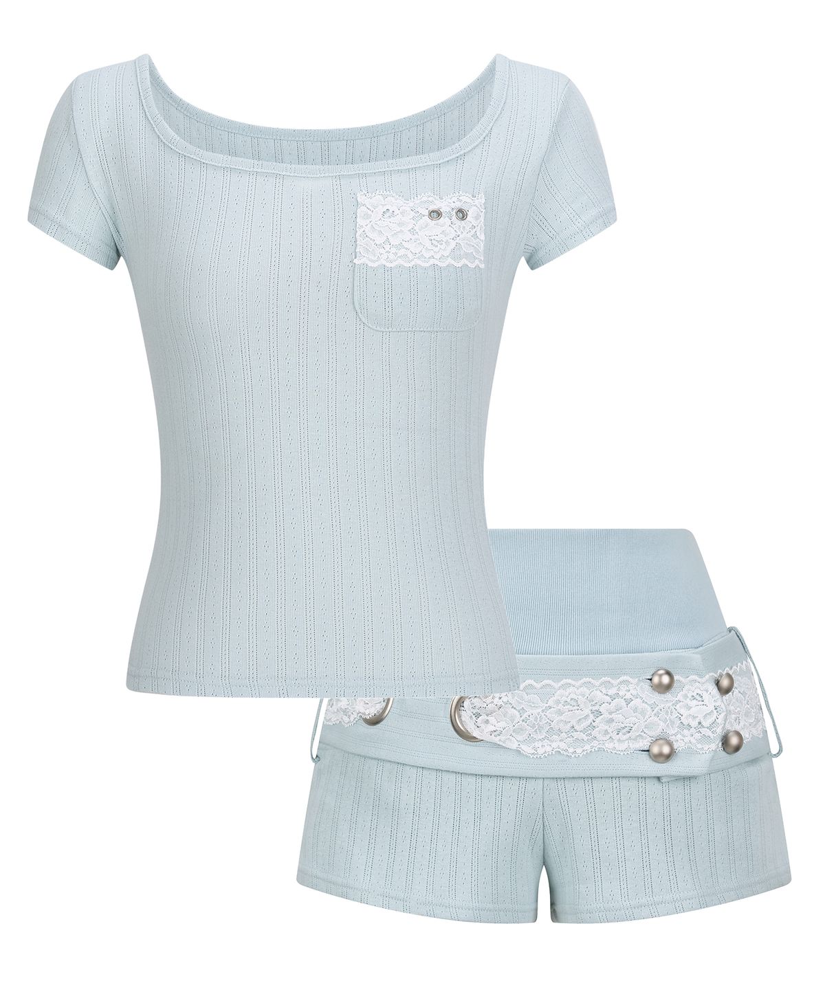 일리오(ILLIO) [SET] Eyelet mint Square Neck Lace Pocket T-shirt + Lace Belted Shorts