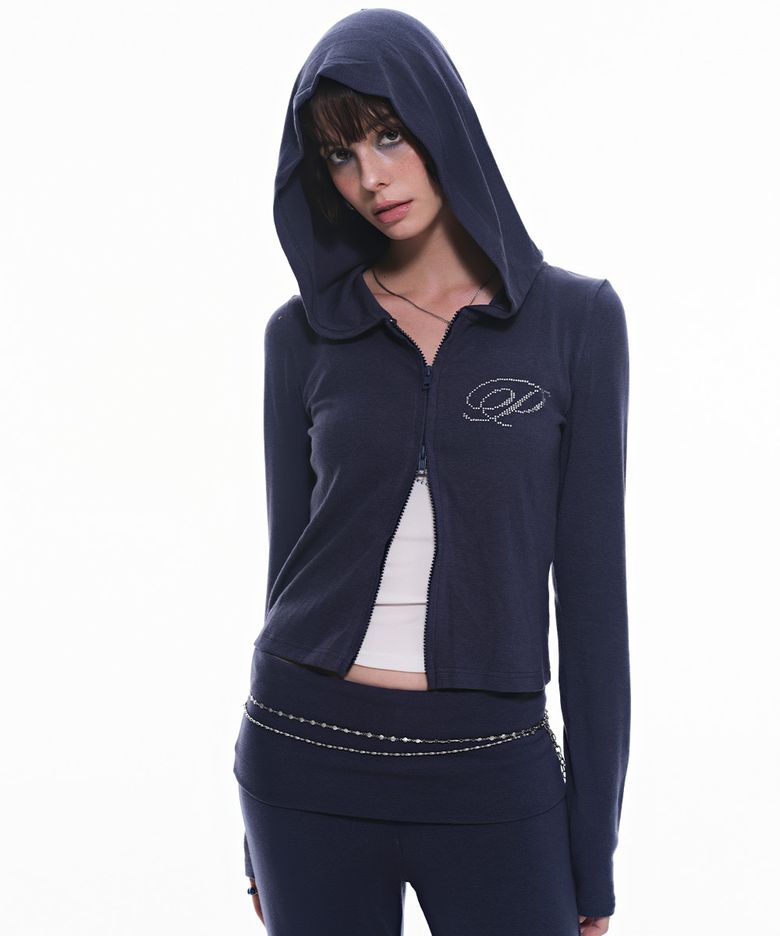 슬림 크리스탈 글램 후드집업_네이비 Slim Crystal Glam Hoodie Zip-Up_Navy