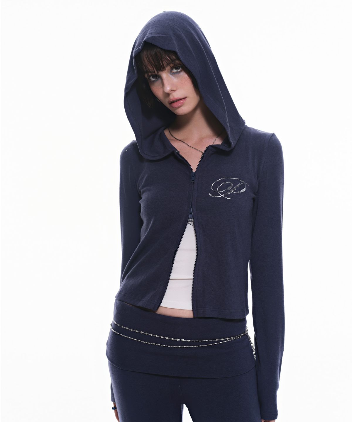 파시온(PASION) 슬림 크리스탈 글램 후드집업_네이비 Slim Crystal Glam Hoodie Zip-Up_Navy