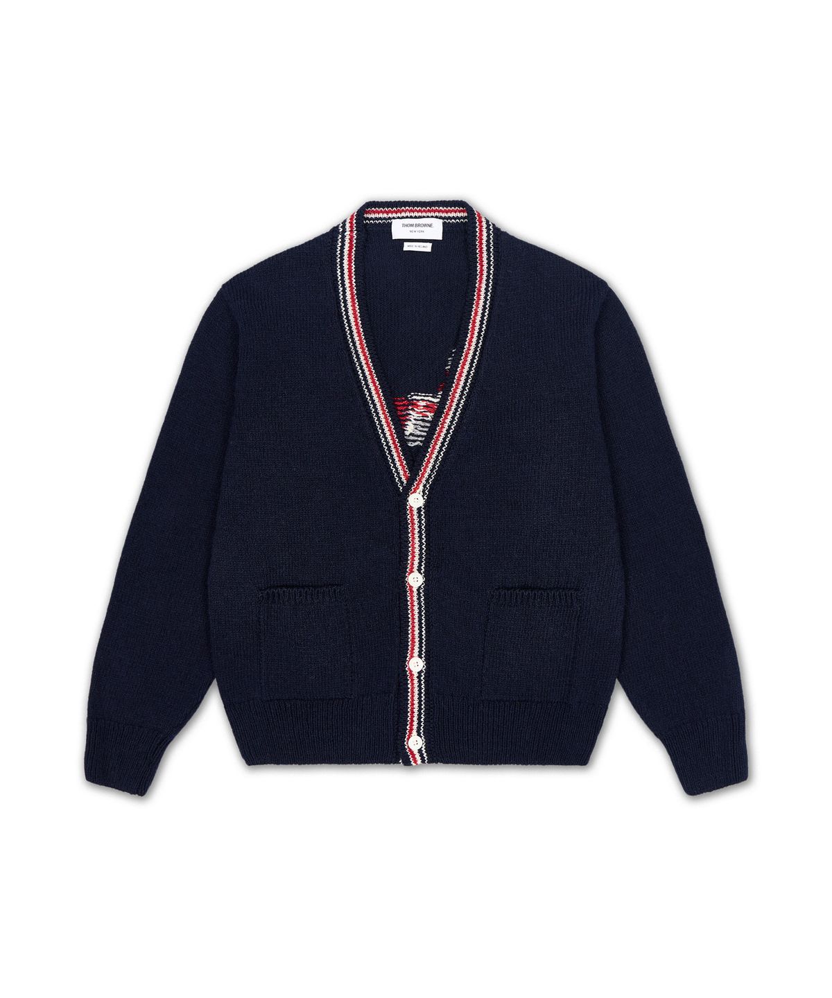 톰 브라운(THOM BROWNE) 도네갈 RWB 스트라이프 헥터 패치워크 저지 인타르샤 V넥 가디건 - 네이비 / MKC647AY1506415