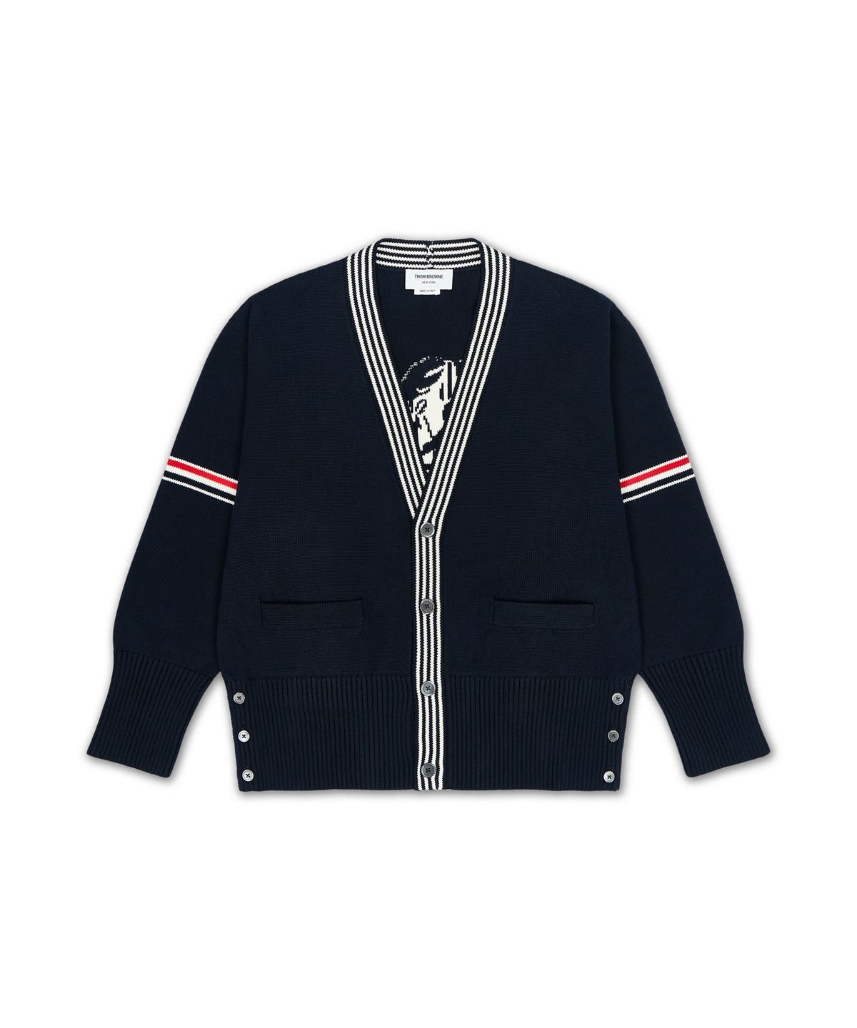 톰 브라운(THOM BROWNE) 코튼 RWB 스트라이프 랍스터 저지 스티치 V넥 가디건 - 네이비 / MKC645AY3043415