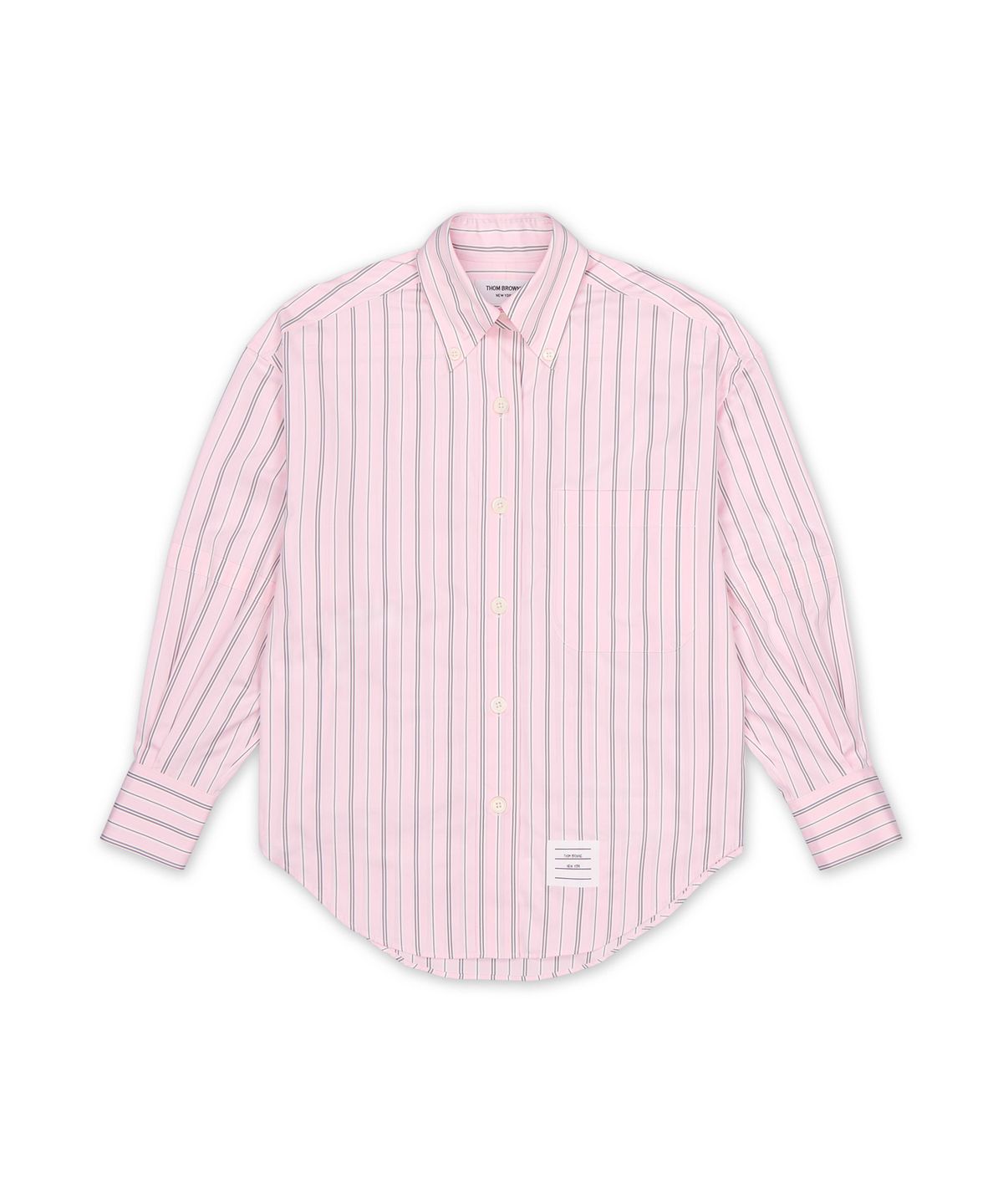 톰 브라운(THOM BROWNE) 와이드 헤어라인 스트라이프 얀 다이드 팝린 셀프 암밴드 오버사이즈 롱슬리브 포인트 칼라 셔츠 - 라이트 핑크 / FLL079OF1223680