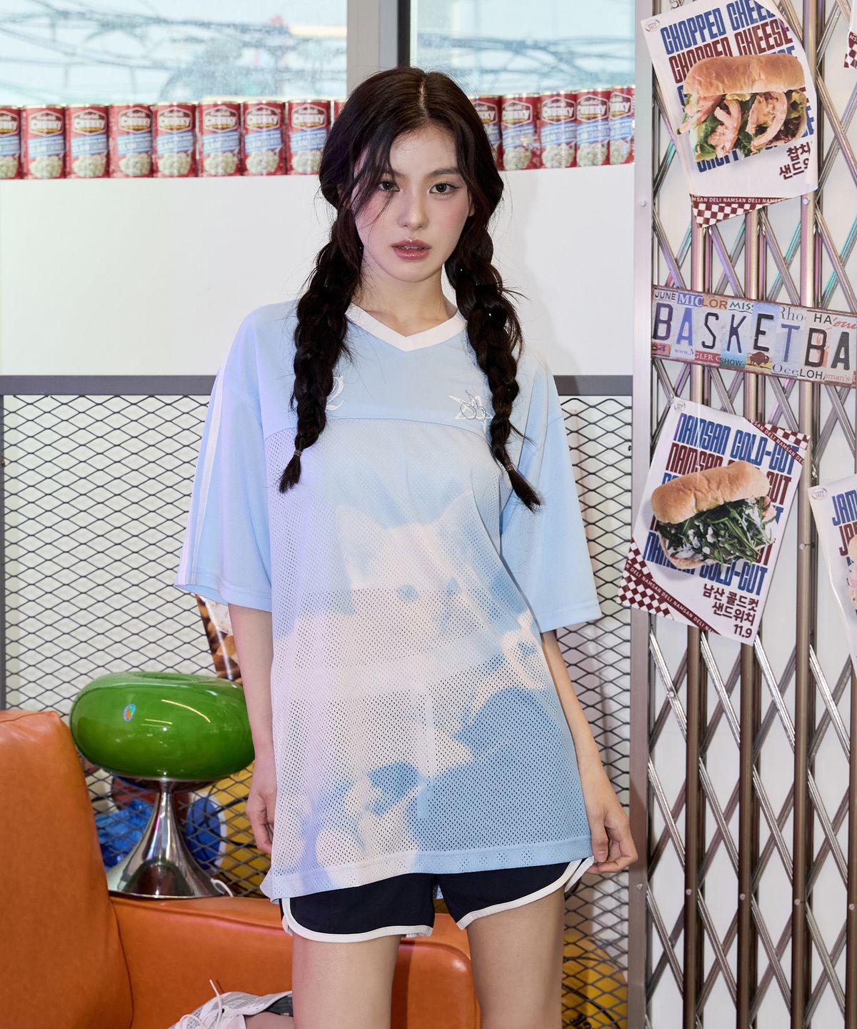 키르시(KIRSH) 전판 프린트 루즈핏 메쉬 티셔츠 [블루]