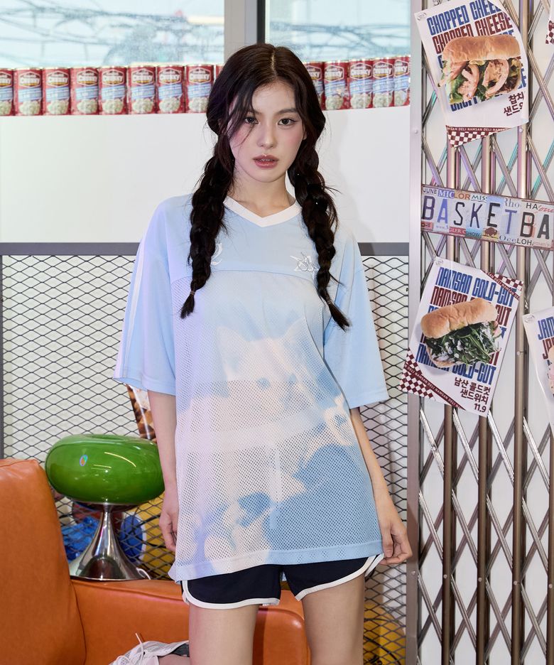 전판 프린트 루즈핏 메쉬 티셔츠 [블루]