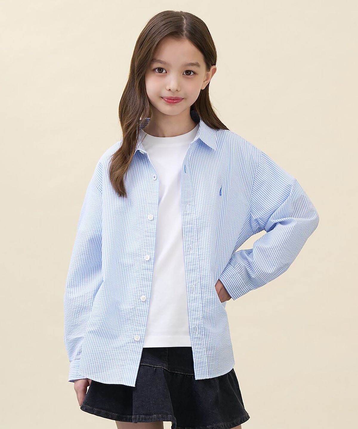 빈폴 키즈(BEANPOLE KIDS) 시어서커 스트라이프 오버핏 셔츠  스카이 블루 (BI6764U01Q)
