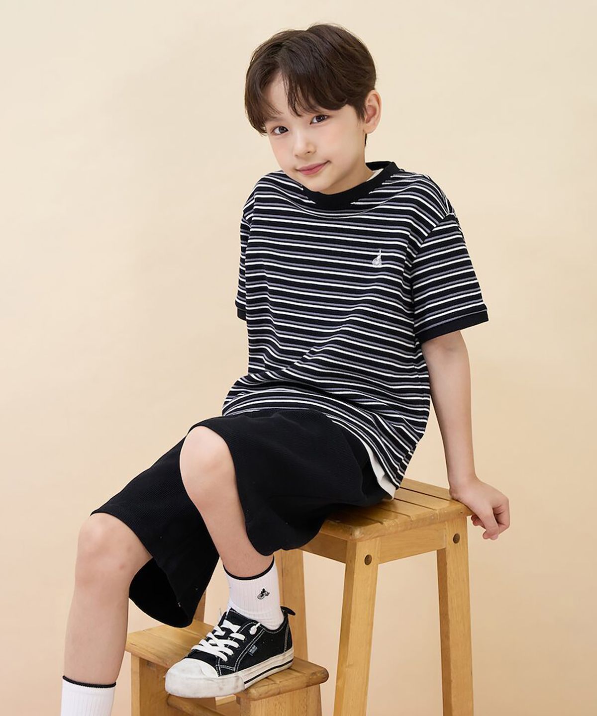 빈폴 키즈(BEANPOLE KIDS) 와플 스트라이프 반소매 상하세트  블랙 (BI6742U015)