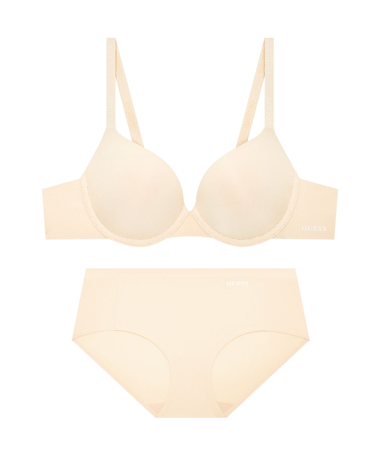 게스언더웨어(GUESS UNDERWEAR) 퓨징 로고밴딩 프리컷 와이어 브라 팬티 세트 - 라이트베이지