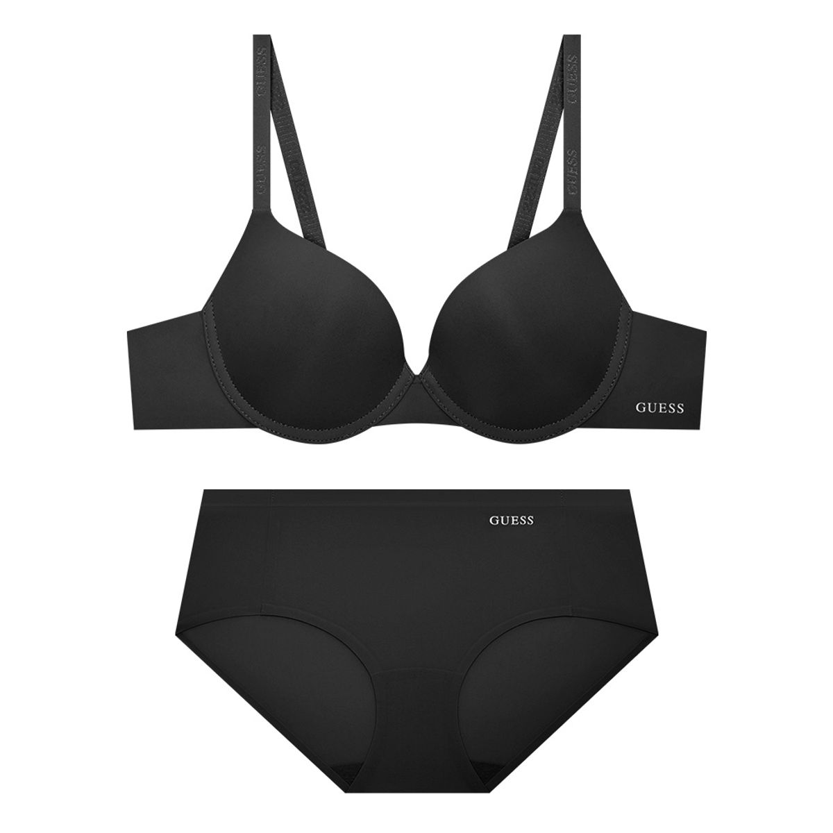 게스언더웨어(GUESS UNDERWEAR) 퓨징 로고밴딩 프리컷 와이어 브라 팬티 세트 - 블랙