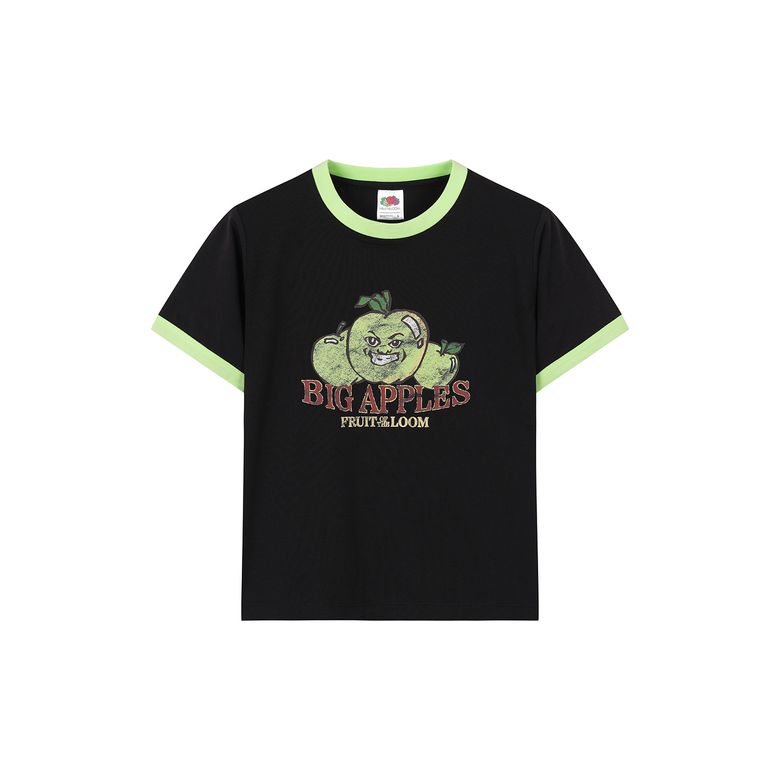 피치가공 빅애플 크롭 링커 반팔티셔츠(BLACK)
