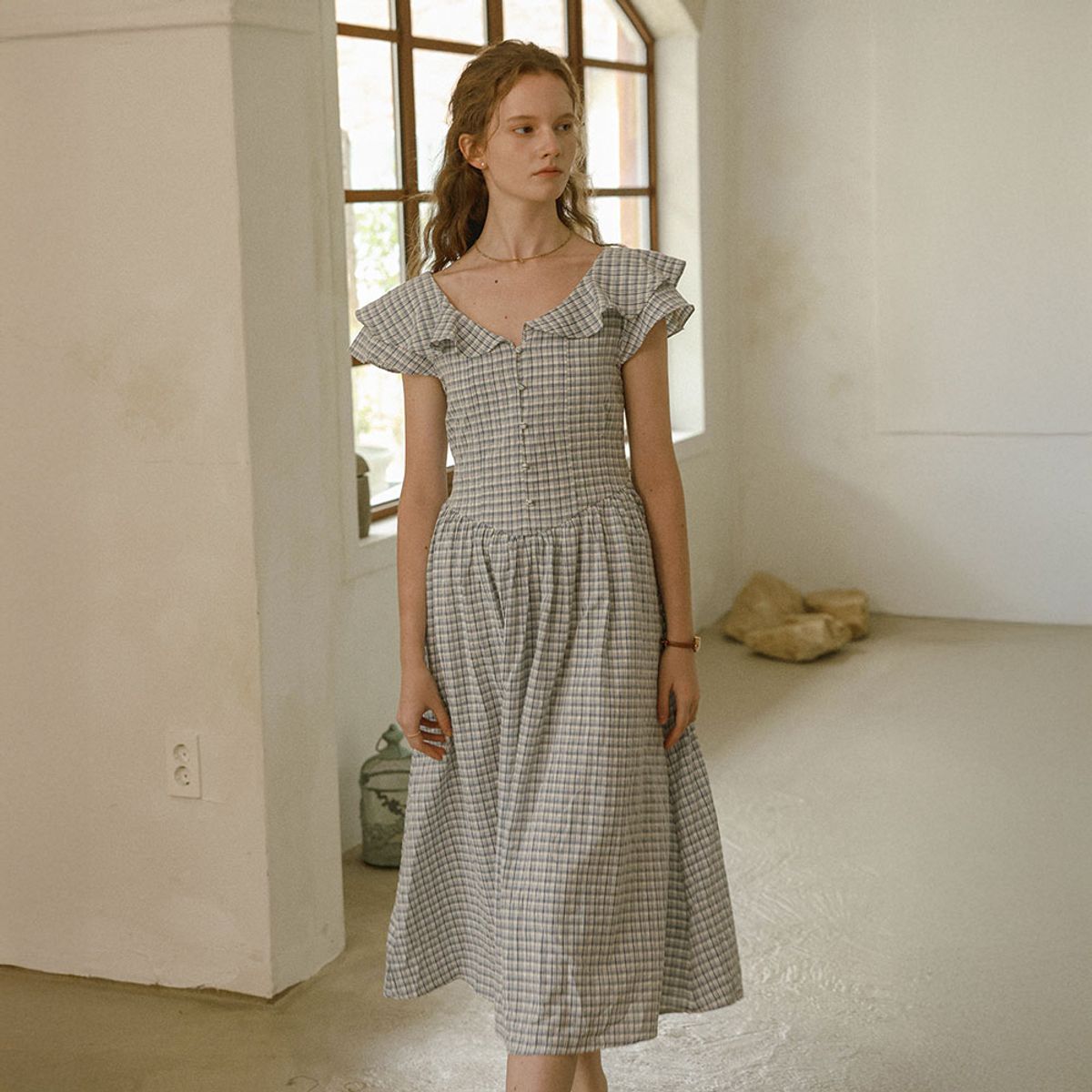 프라우드 마리(PROUD MARY) PM_Flutter sleeve gingham dress_BLUE