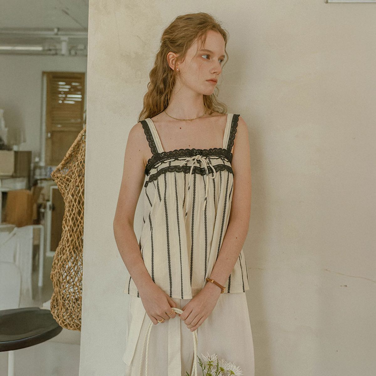 프라우드 마리(PROUD MARY) PM_Stripe lace trim camisole top_IVORY
