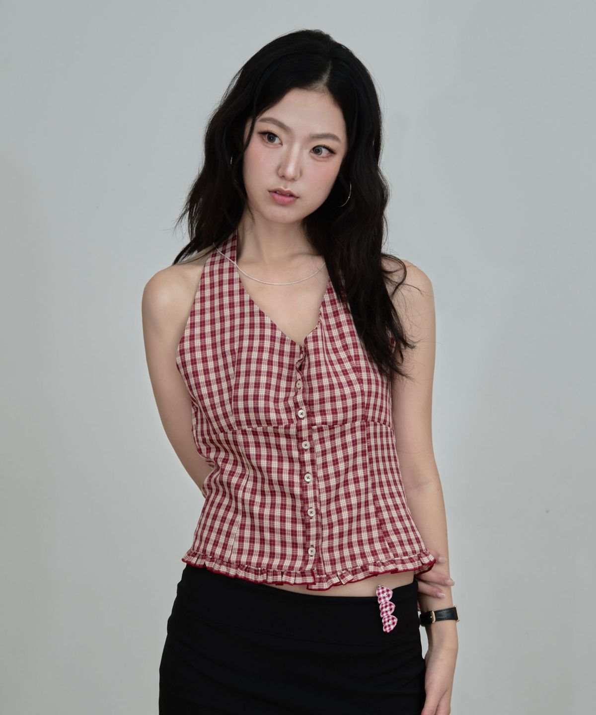 오드민(ODDMIN) Check Halter Blouse
