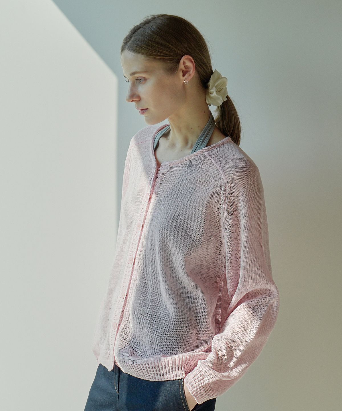 블레티(VLETI) Summer Raglan Button Round-Neck Knit Cardigan (pink)