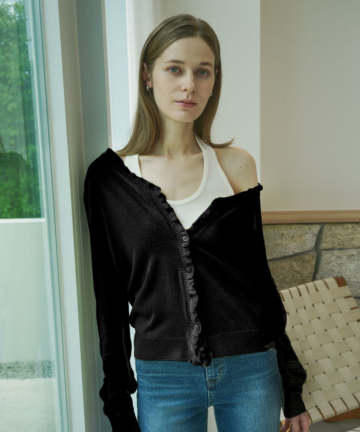블레티(VLETI) Linen Blend Double-Layer V-Neck Cardigan (black)