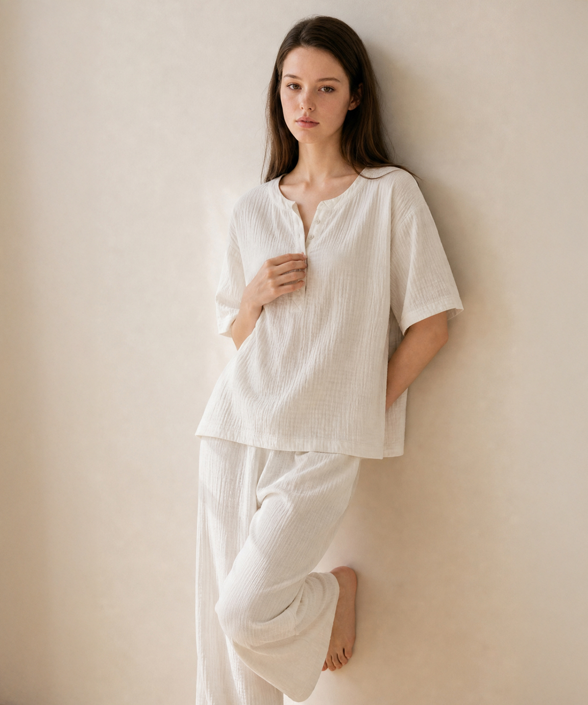 보일하우스(BOIL HOUSE) Airy Cotton Long Pants Pajama Set (misty white)