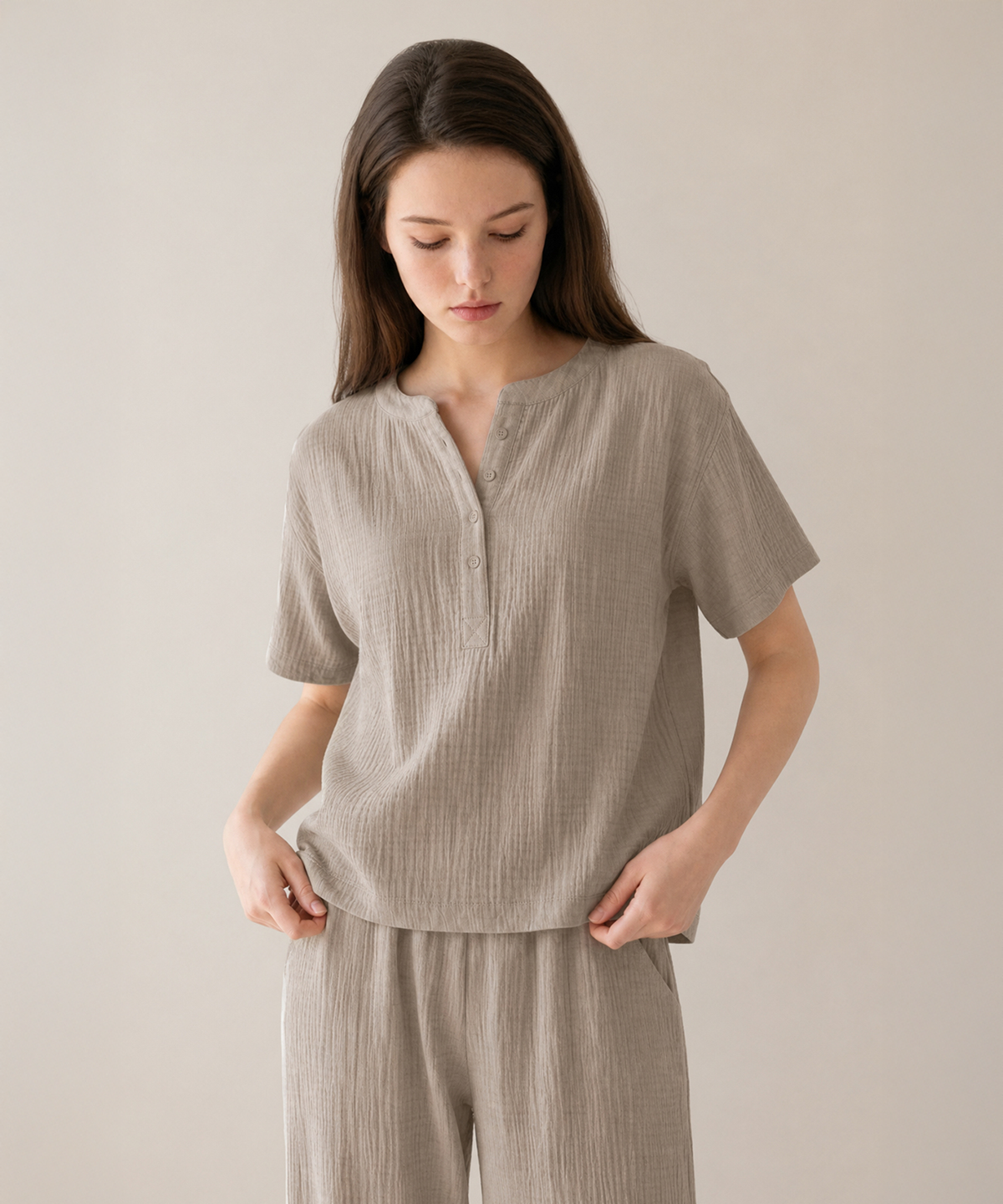 보일하우스(BOIL HOUSE) Airy Cotton Long Pants Pajama Set (etoupe)