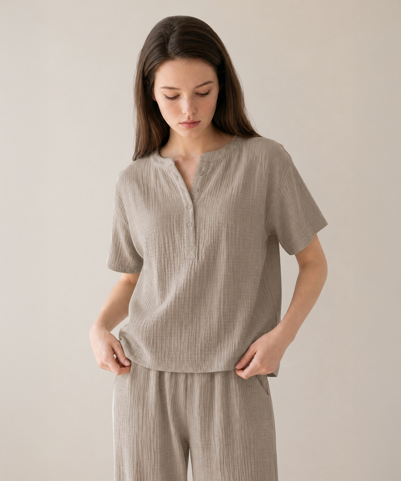 Airy Cotton Long Pants Pajama Set (etoupe)