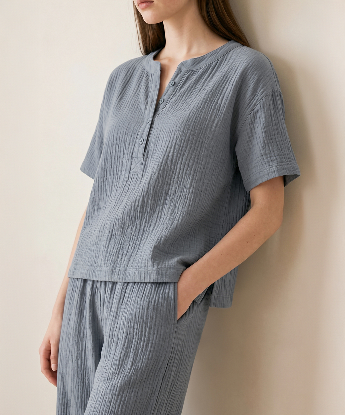 보일하우스(BOIL HOUSE) Airy Cotton Long Pants Pajama Set (blue grey)
