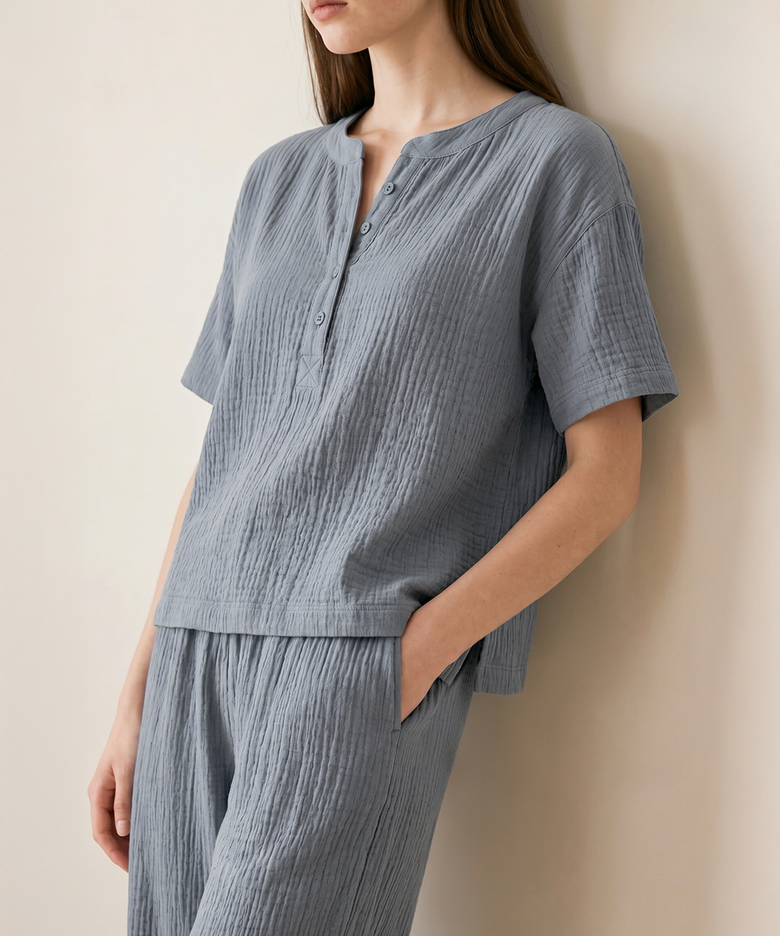 Airy Cotton Long Pants Pajama Set (blue grey)