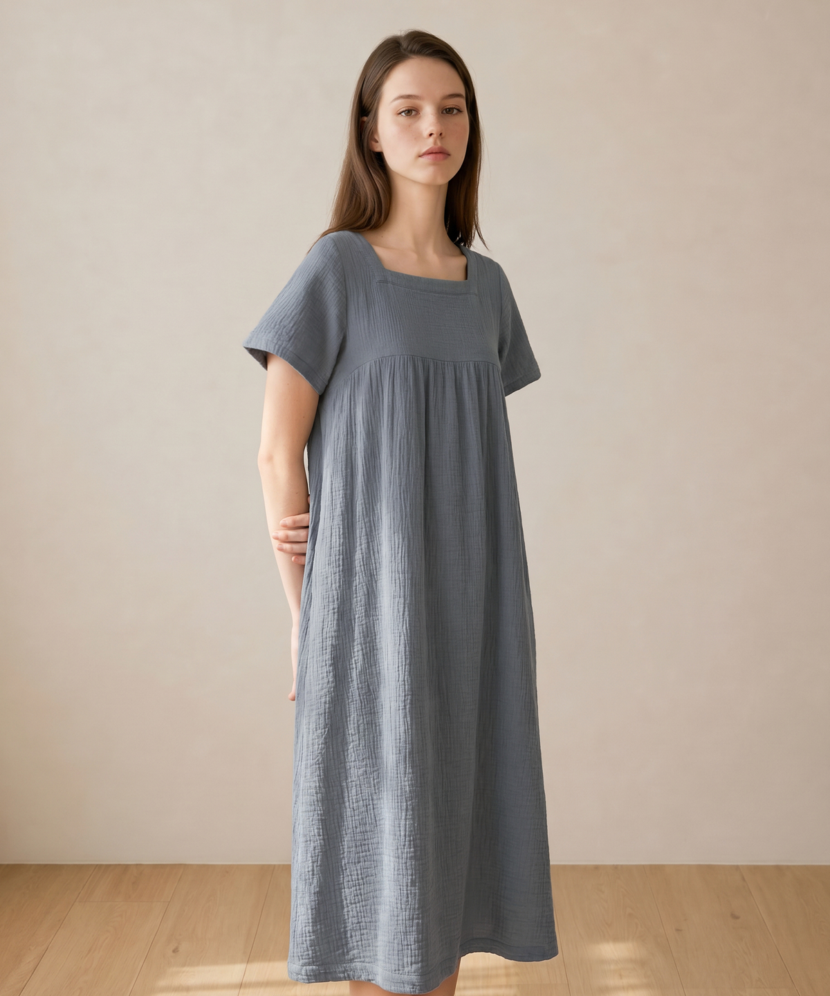 보일하우스(BOIL HOUSE) Airy Cotton Shirring Long One Piece (blue grey)