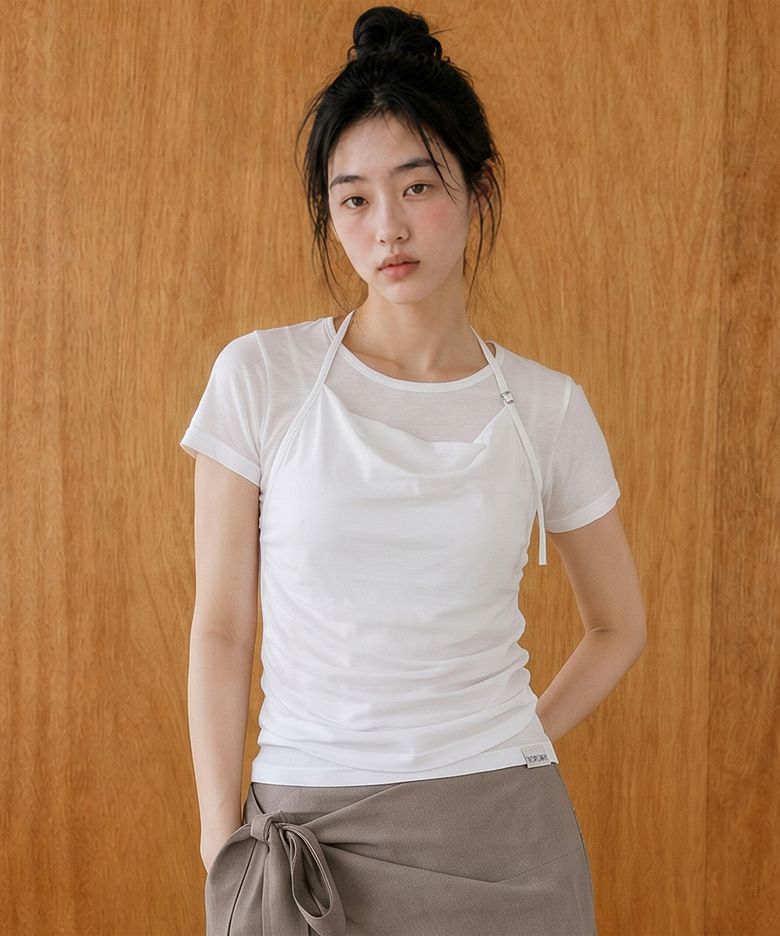 홀터 레이어드 실켓 셔링 탑_T611TP235