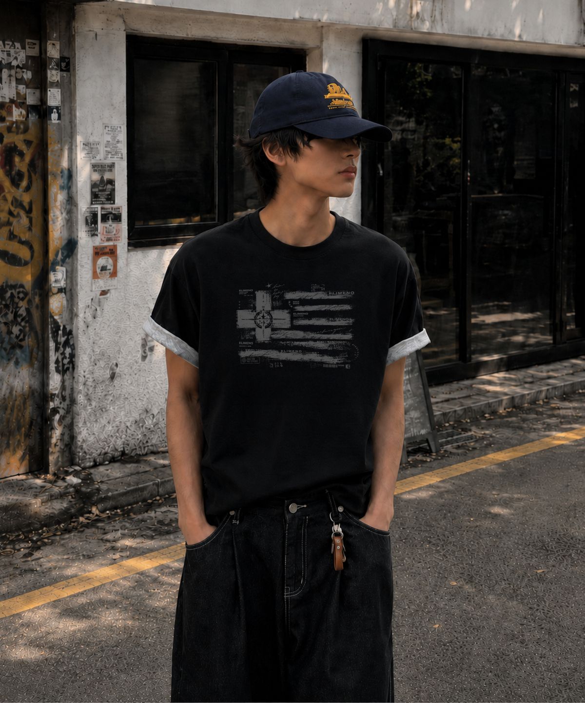 엘리메노(ELIMENO) EL 그런지 라벨 롤업 크롭 반팔티셔츠 3Color