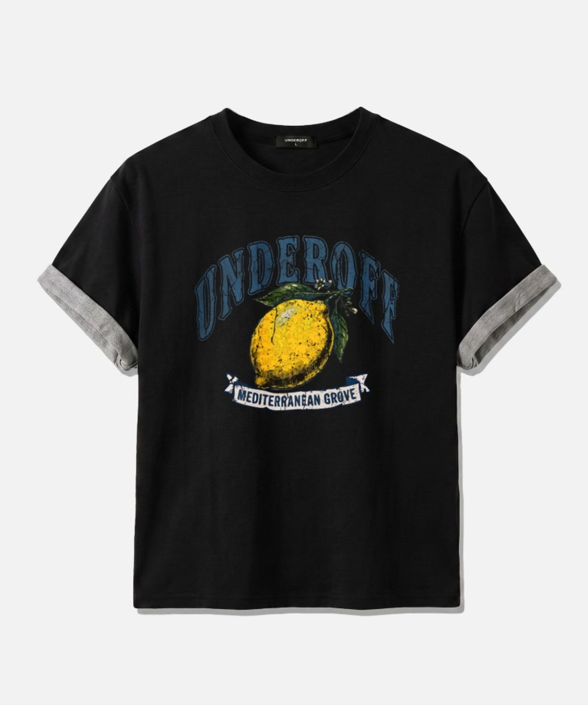 언더오프(UNDEROFF) 롤업 슬리브 크롭 반팔 티셔츠 빈티지레몬 블랙