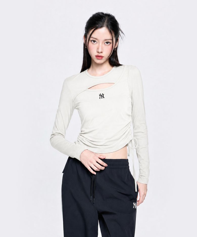 여성 베이직 컷아웃 절개 슬림 세미크롭 긴팔 티셔츠 NY (Cream)