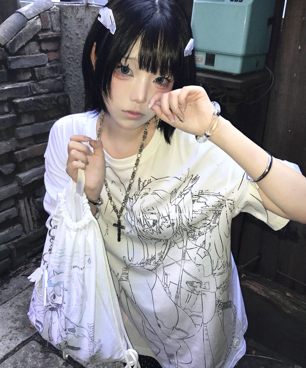 미유키(MIUKI) [nyzziz X MIUKI] Internet Tensi Over T-shirts (White)