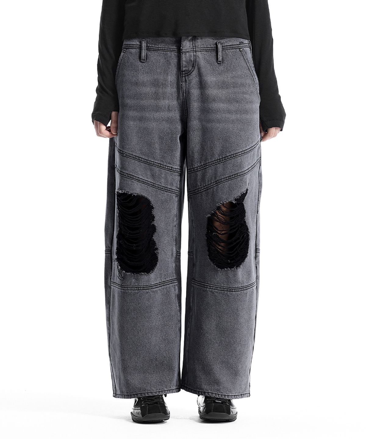 트리밍버드(TREEMINGBIRD) Double Belt Loop Distressed Balloon Denim [ Gray ]