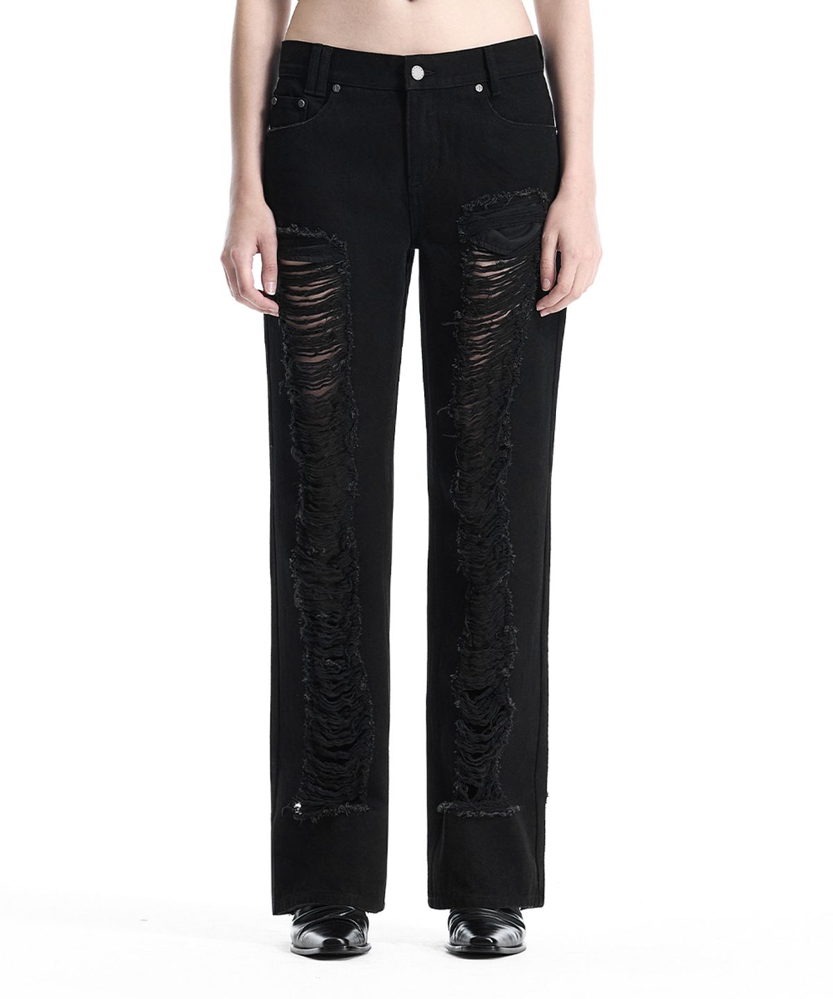 트리밍버드(TREEMINGBIRD) Low-Rise Scratch Damage Slim-Fit Denim [ Black ]