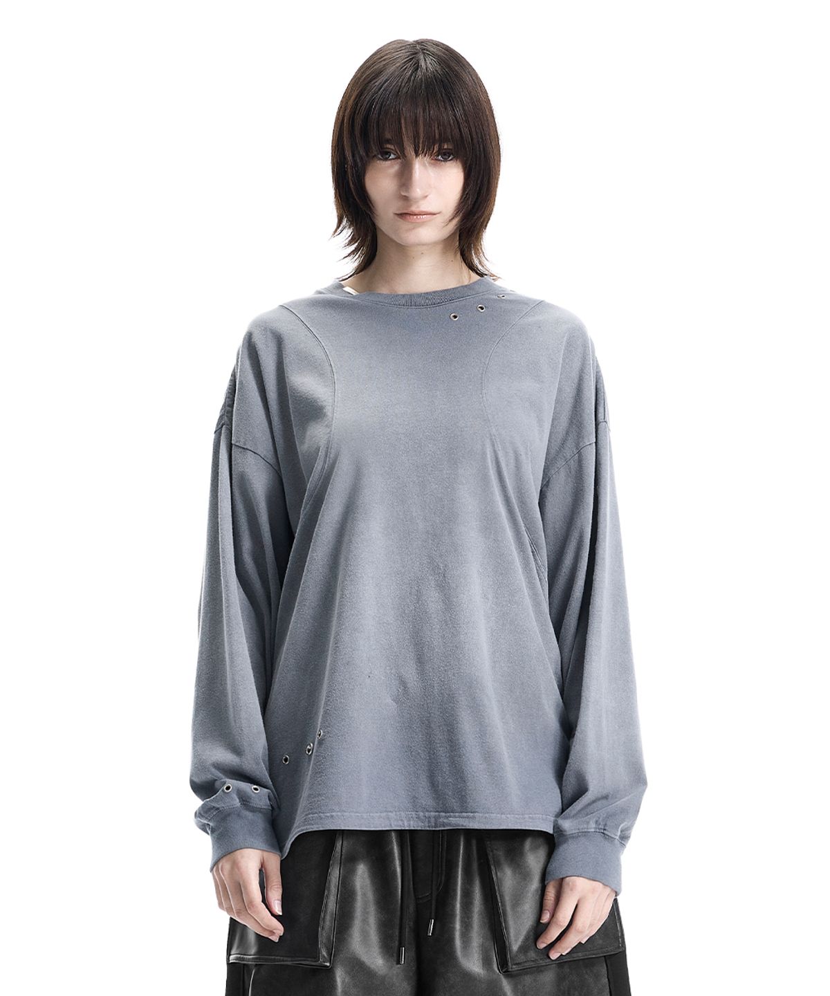 트리밍버드(TREEMINGBIRD) Eyelet Pigment-Washed Long-Sleeve Tee [ Blue ]