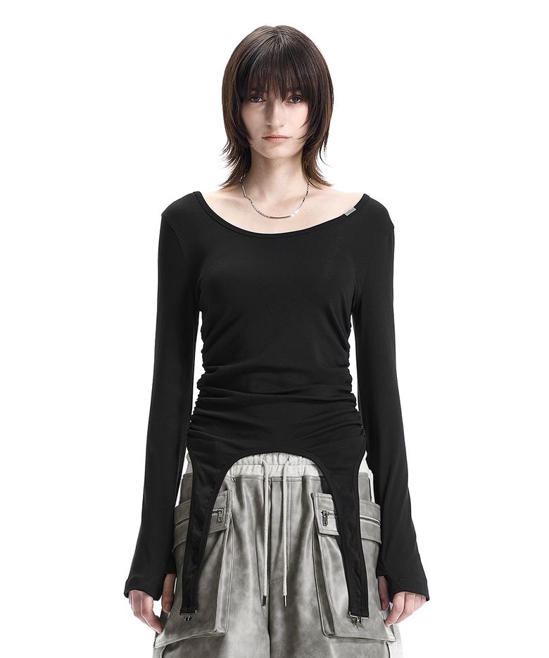 Garter-Hem Long-Sleeve Top [ Black ]