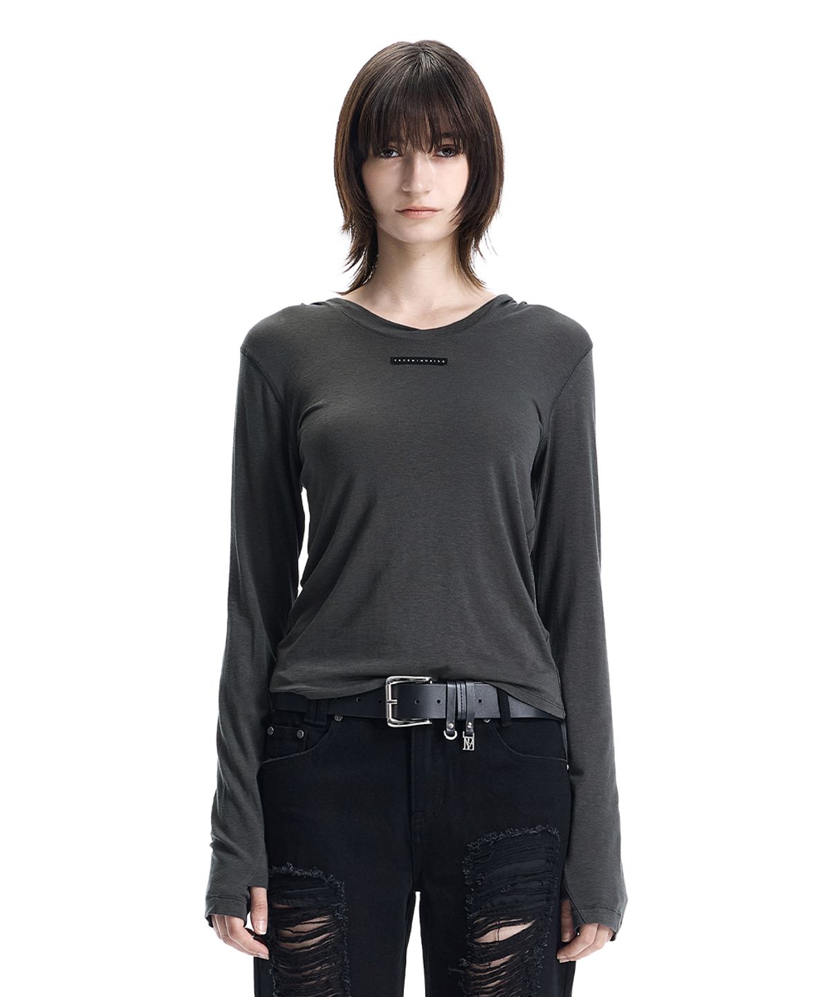 트리밍버드(TREEMINGBIRD) Raw-Cut Hooded Long Sleeve T-Shirt [ Charcoal ]
