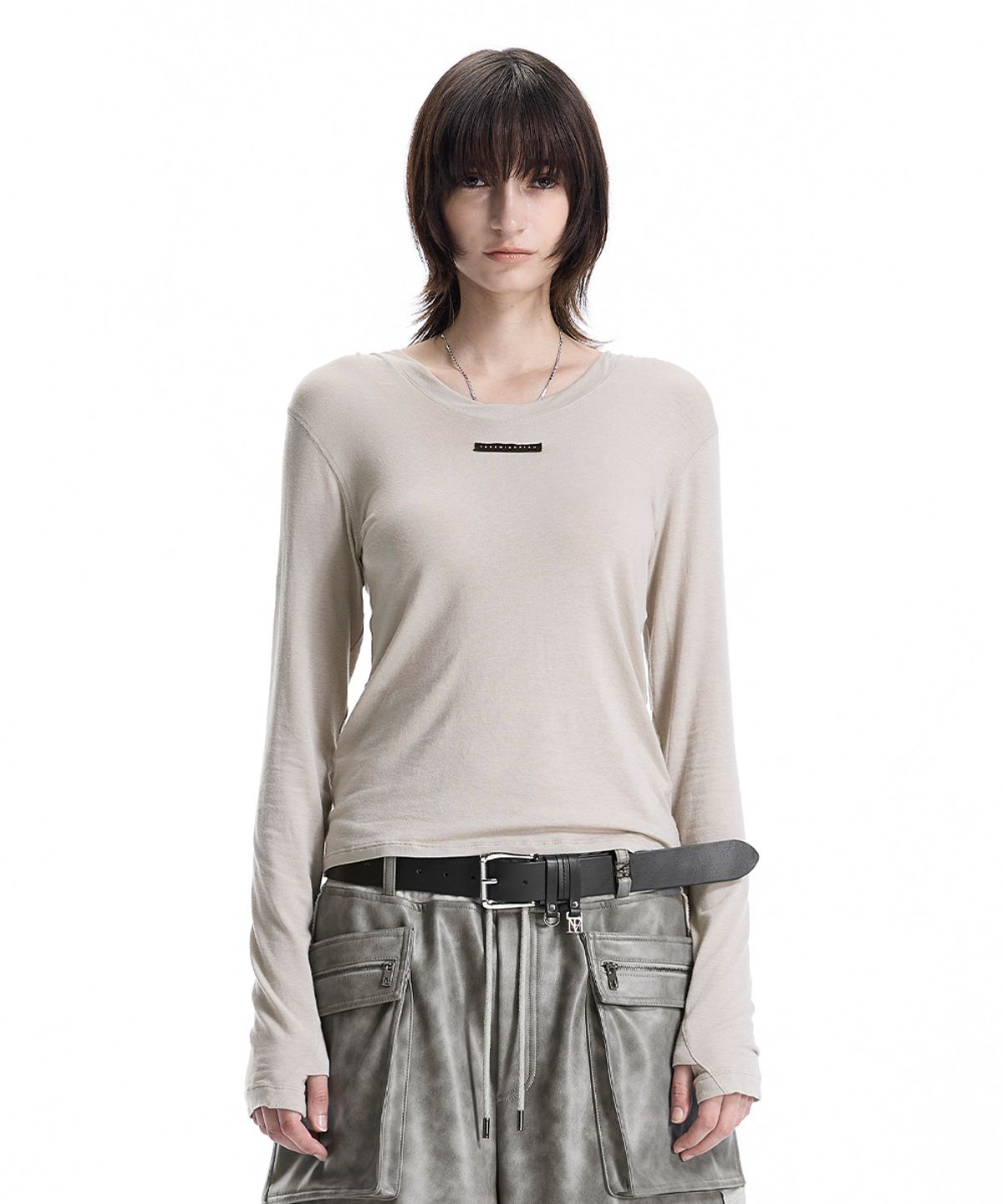 트리밍버드(TREEMINGBIRD) Raw-Cut Hooded Long Sleeve T-Shirt [ Beige ]