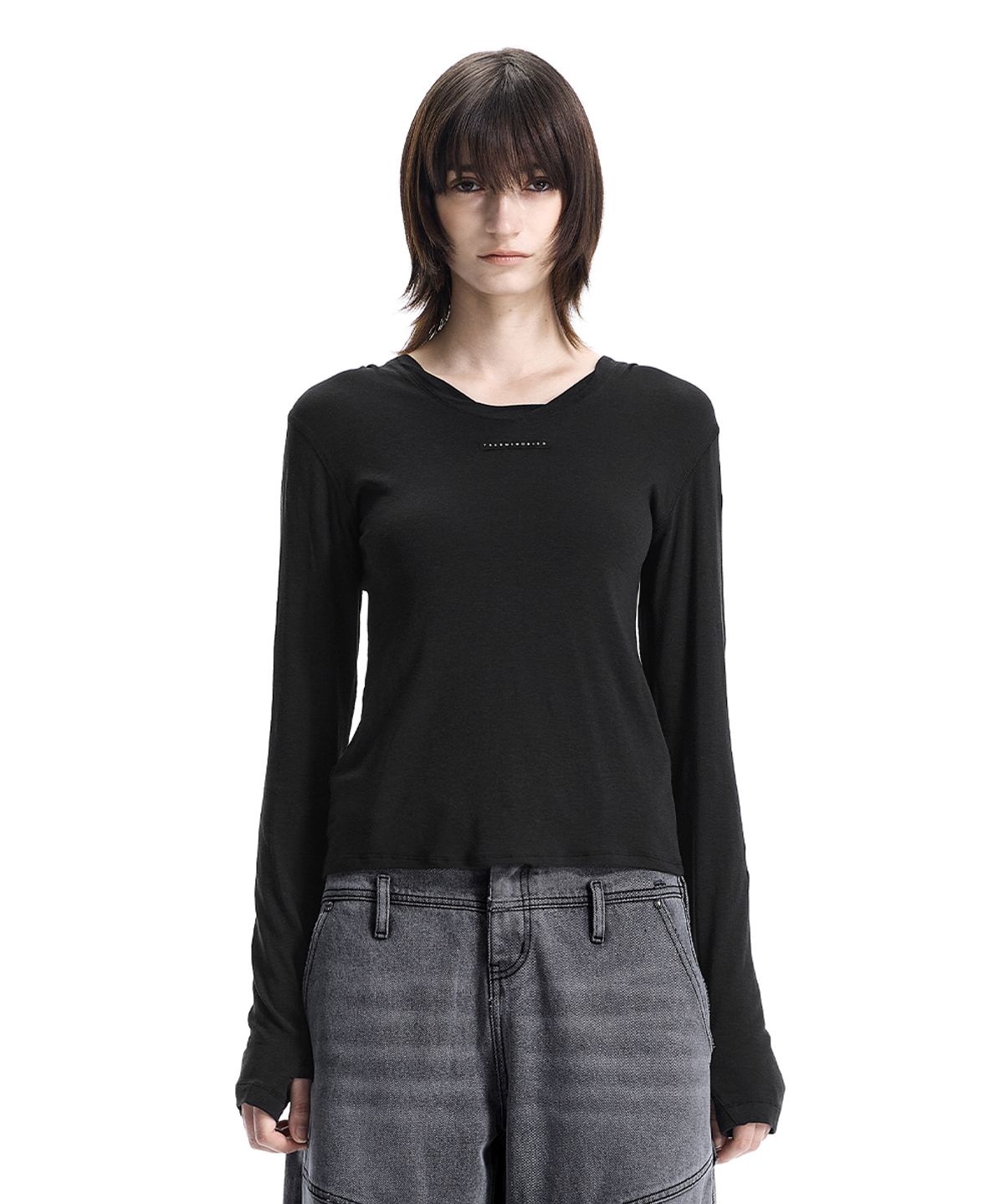 트리밍버드(TREEMINGBIRD) Raw-Cut Hooded Long Sleeve T-Shirt [ Black ]