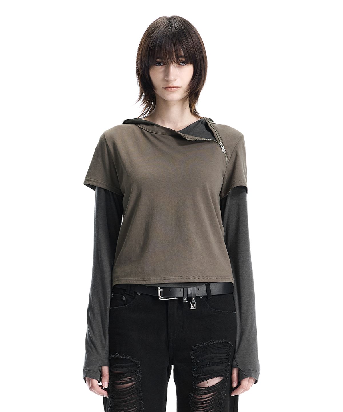 트리밍버드(TREEMINGBIRD) Zip Detail Slim Fit T-shirt [ Brown ]
