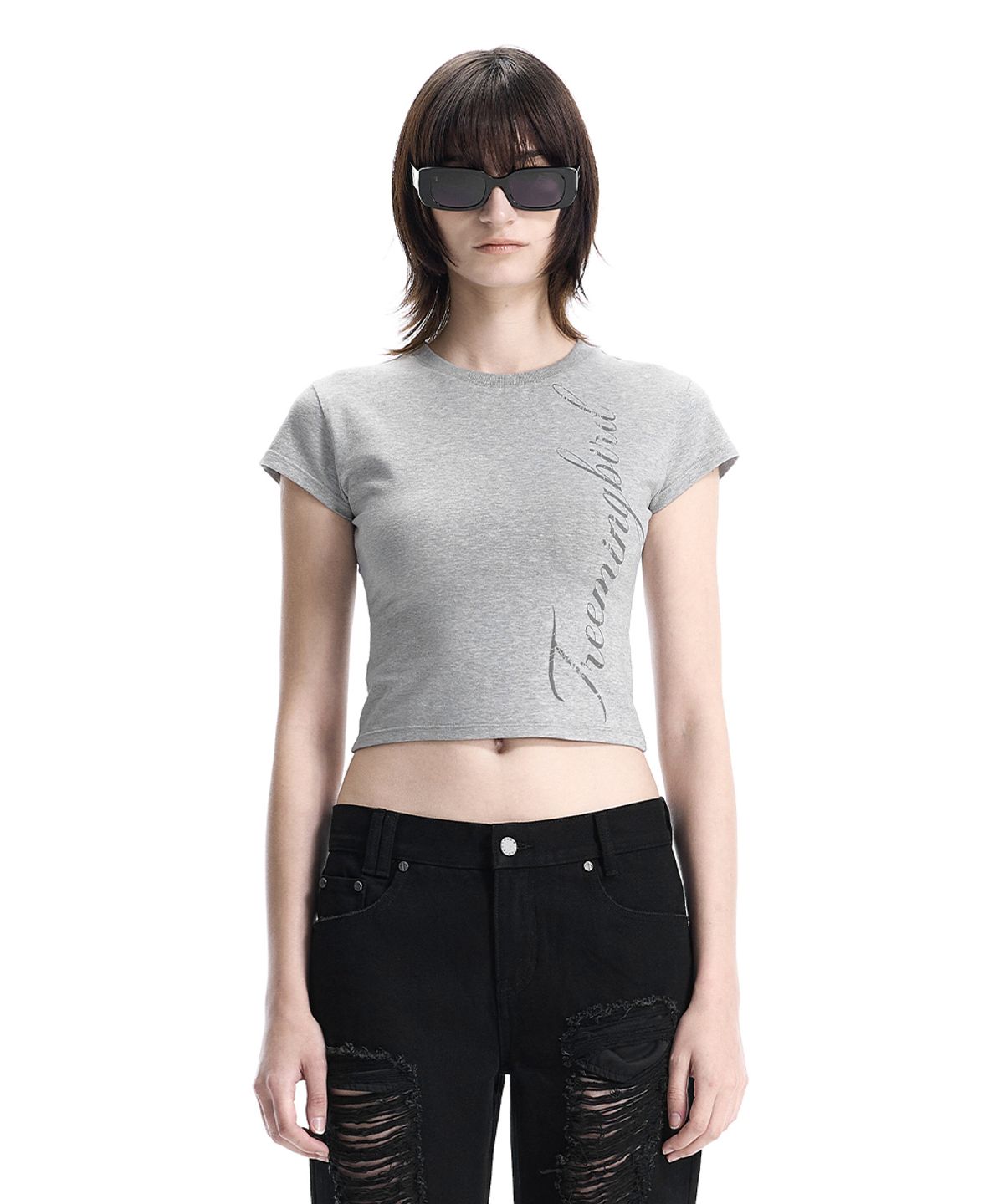 트리밍버드(TREEMINGBIRD) Script Logo Baby-Fit T-Shirt [ Melange Gray ]