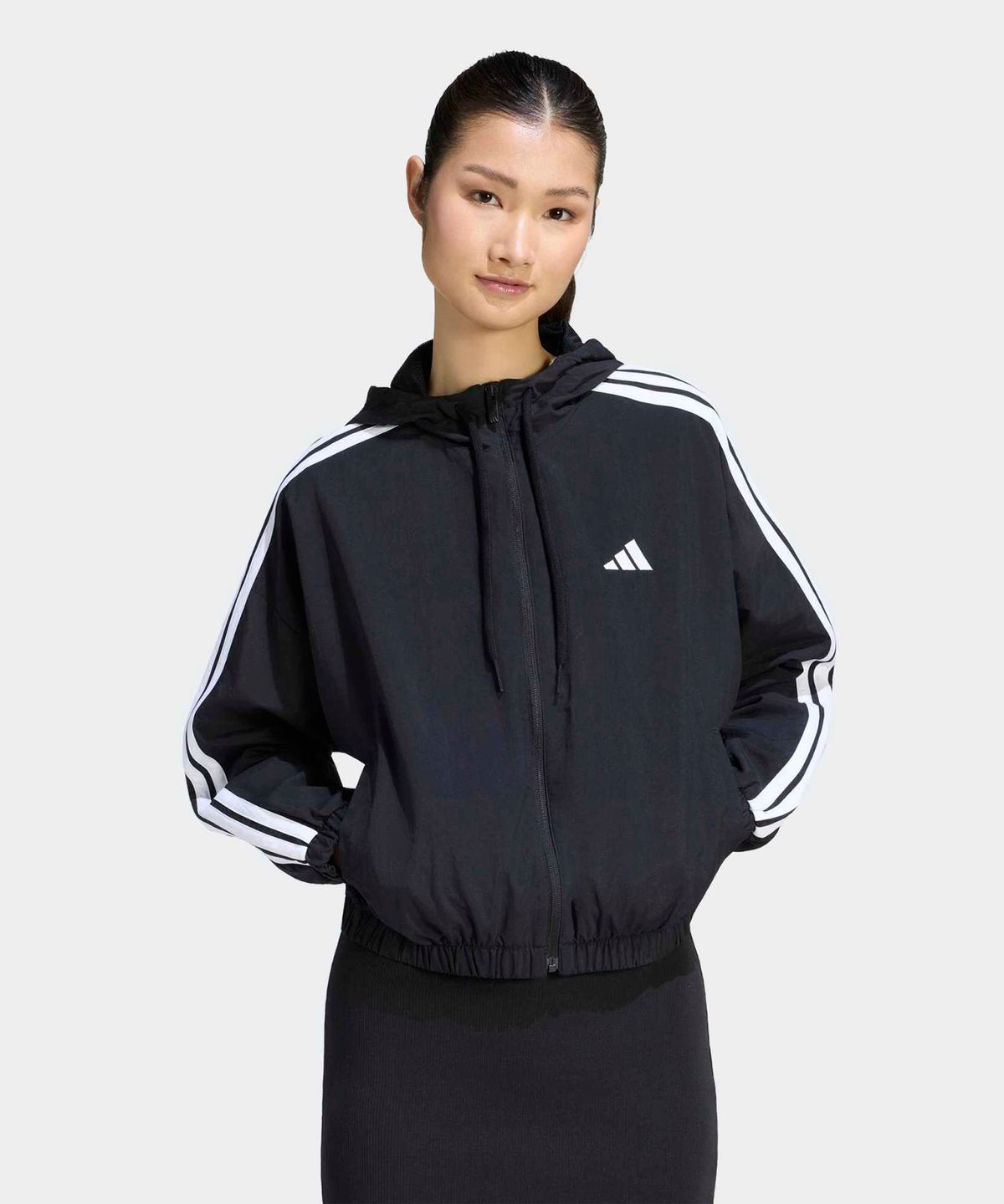 아디다스(ADIDAS) 에센셜 3-스트라이프 우븐 윈드브레이커 - 블랙:화이트 / KF8430