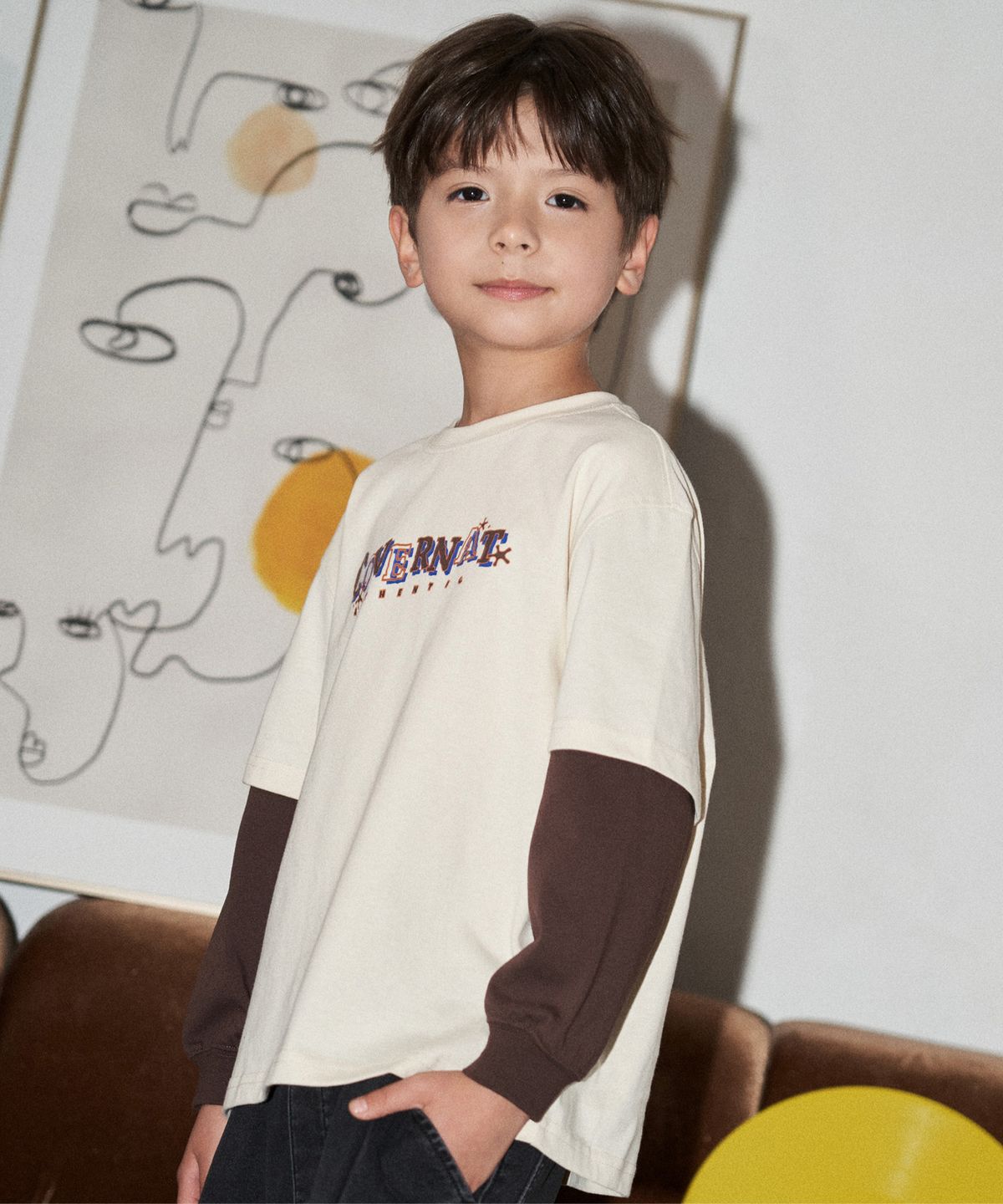 커버낫 키즈(COVERNAT KIDS) 스케치 레이어드 오버핏 티셔츠 아이보리 CK2603LT13IV