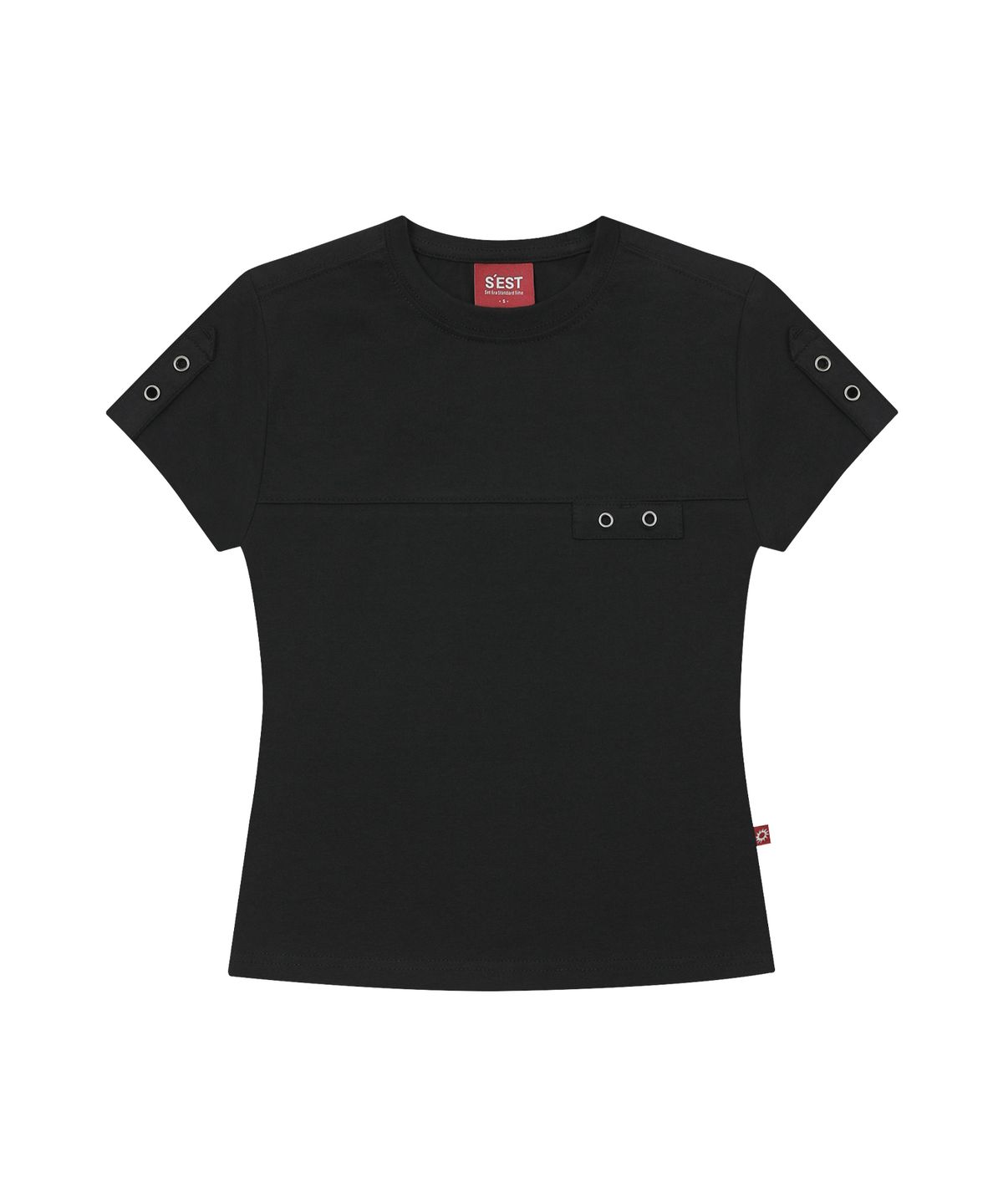 에스이에스티(S'EST) Eyelet Tab-Detail Slim Fit T-shirts Black