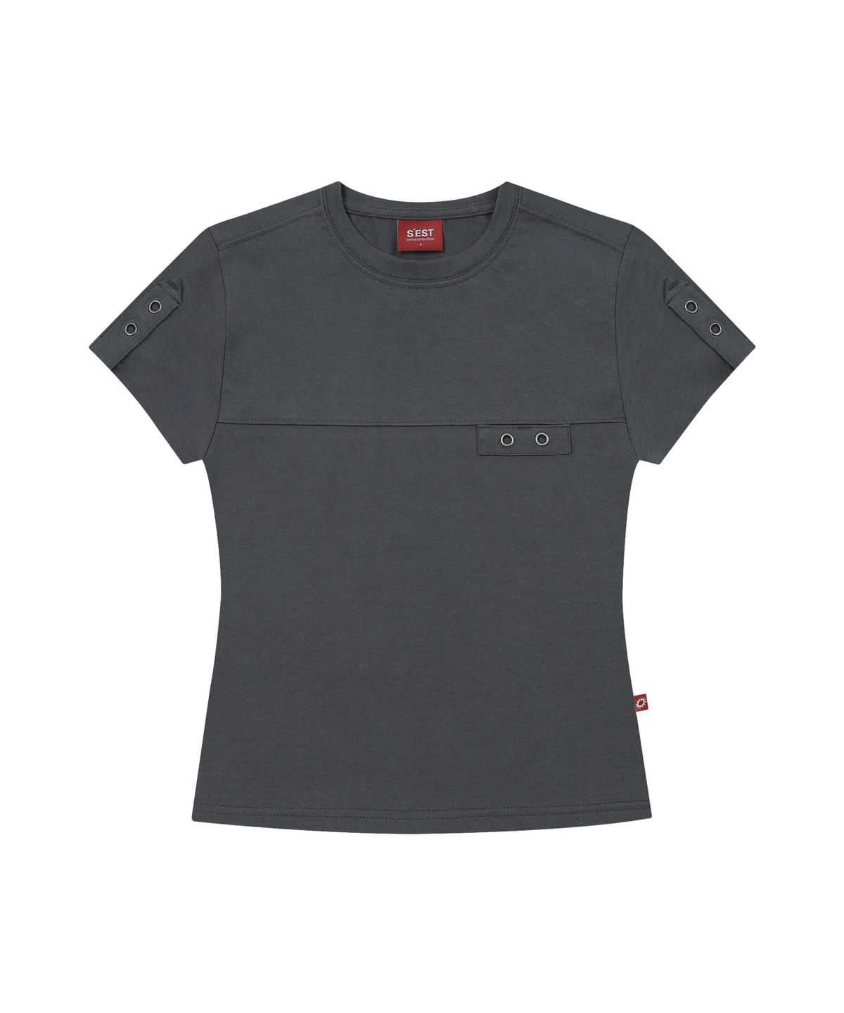 에스이에스티(S'EST) Eyelet Tab-Detail Slim Fit T-shirts Charcoal
