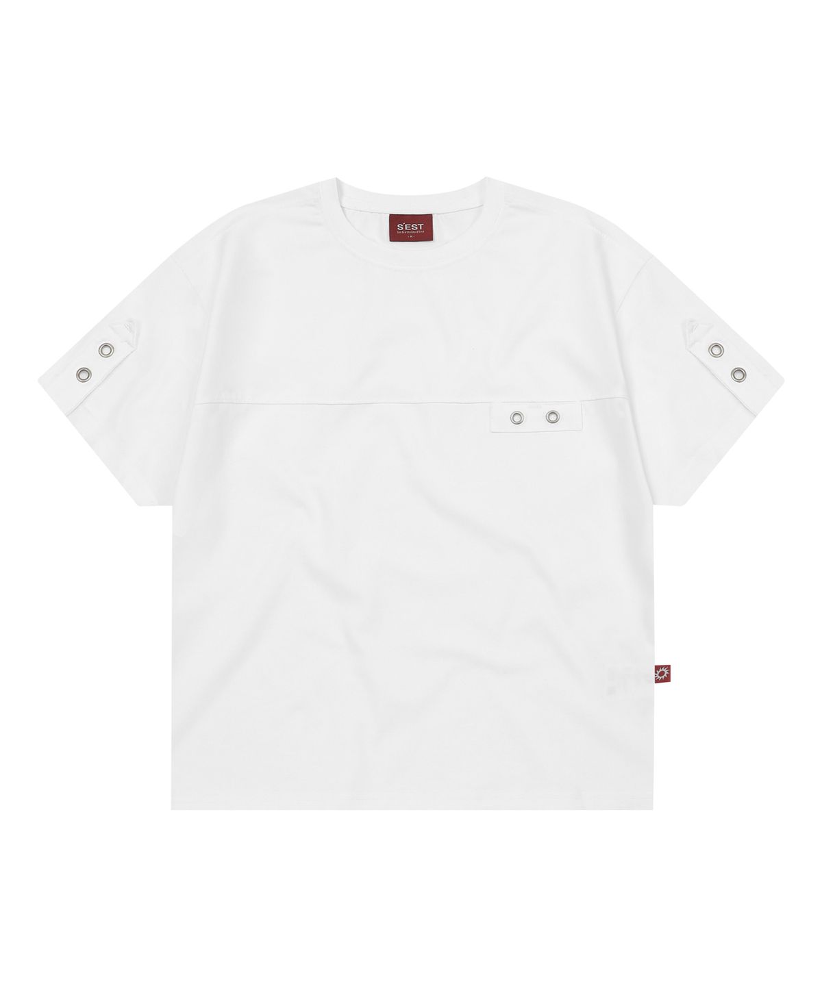 에스이에스티(S'EST) Eyelet Tab-Detail Crop T-shirts White