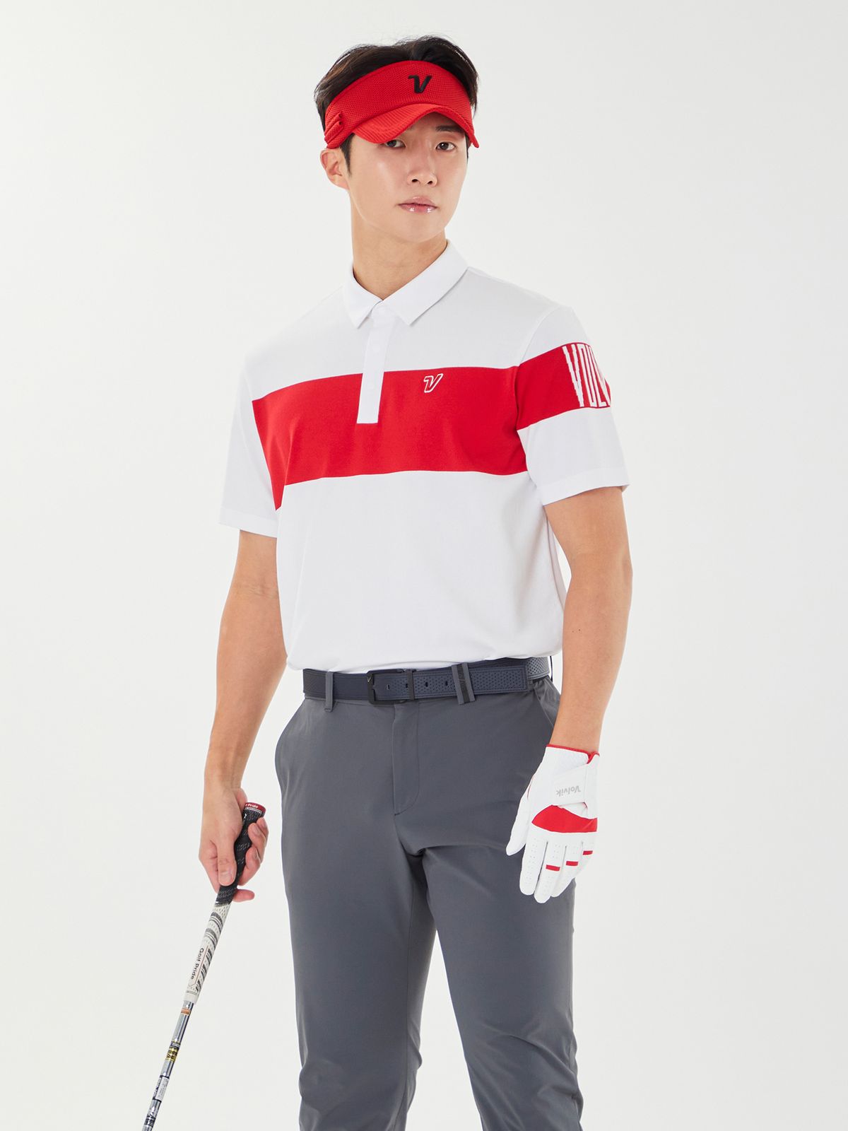 볼빅 골프웨어(VOLVIK GOLFWEAR) 남성 골프 에센셜 컬러블럭 하이브리드 반팔 니트 VMKTP491_OW