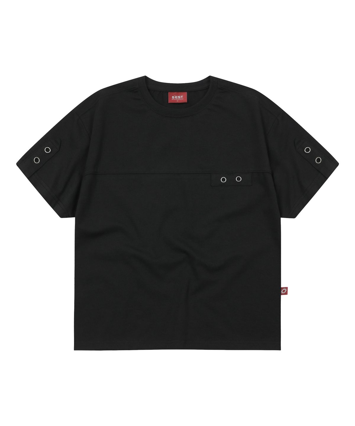 에스이에스티(S'EST) Eyelet Tab-Detail Crop T-shirts Black