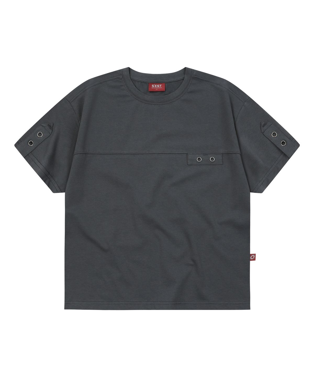 에스이에스티(S'EST) Eyelet Tab-Detail Crop T-shirts Charcoal