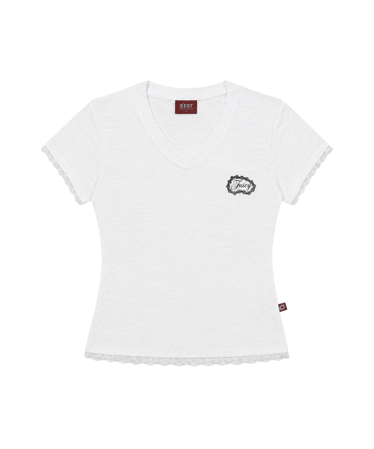 에스이에스티(S'EST) Lace Trim V-neck Slim Fit T-shirts White