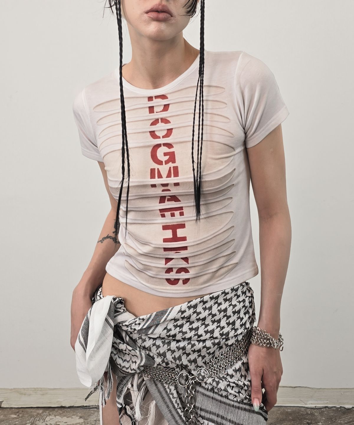 도그마 엑스(DOGMA EHKS) TROMPE-L’ŒIL SLASH CROP T-SHIRT WHITE